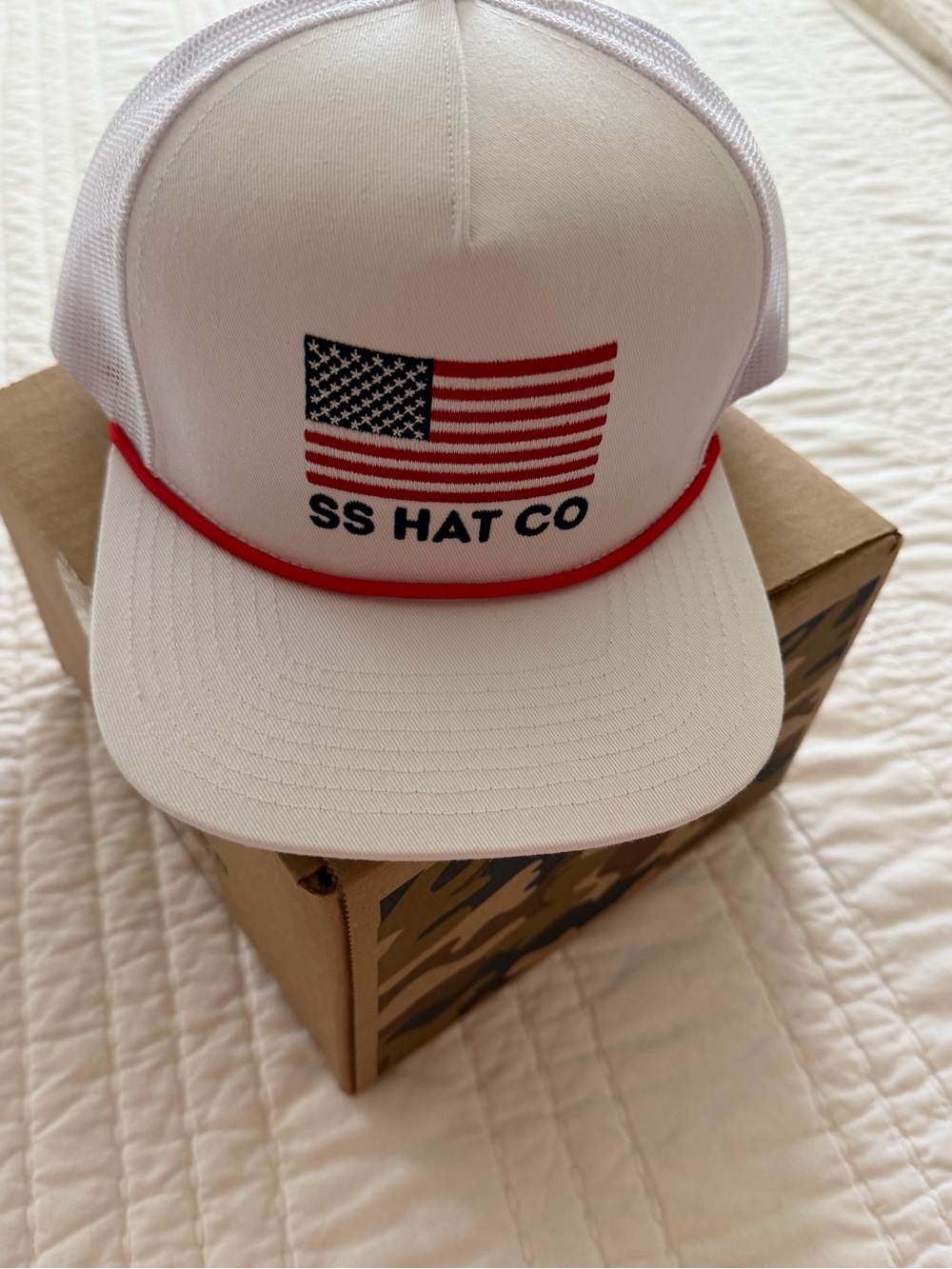Southern String Hat Co White Trucker Hat with American Flag and Red Trim - NEW